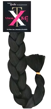 Black braided hair extension with a packaging label on a white background