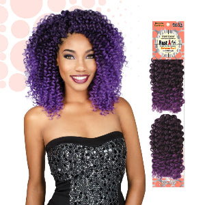 Woman with purple hair extensions and RastAfri packaging on a white background