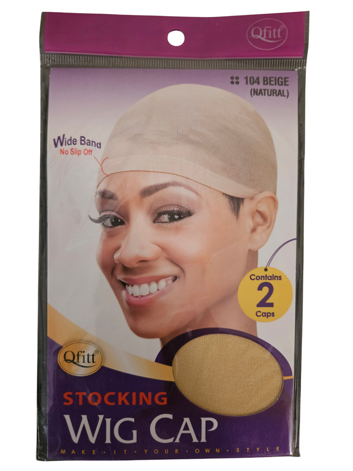 Beige stocking wig cap by Qfitt.