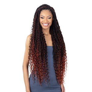 Woman with long, boho hippie loc hair on a white background