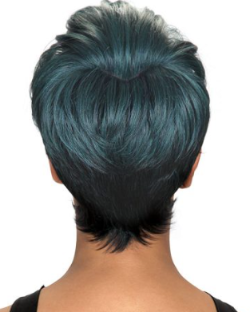 Back of Short, styled hair with a gradient from black to blue on a white background
