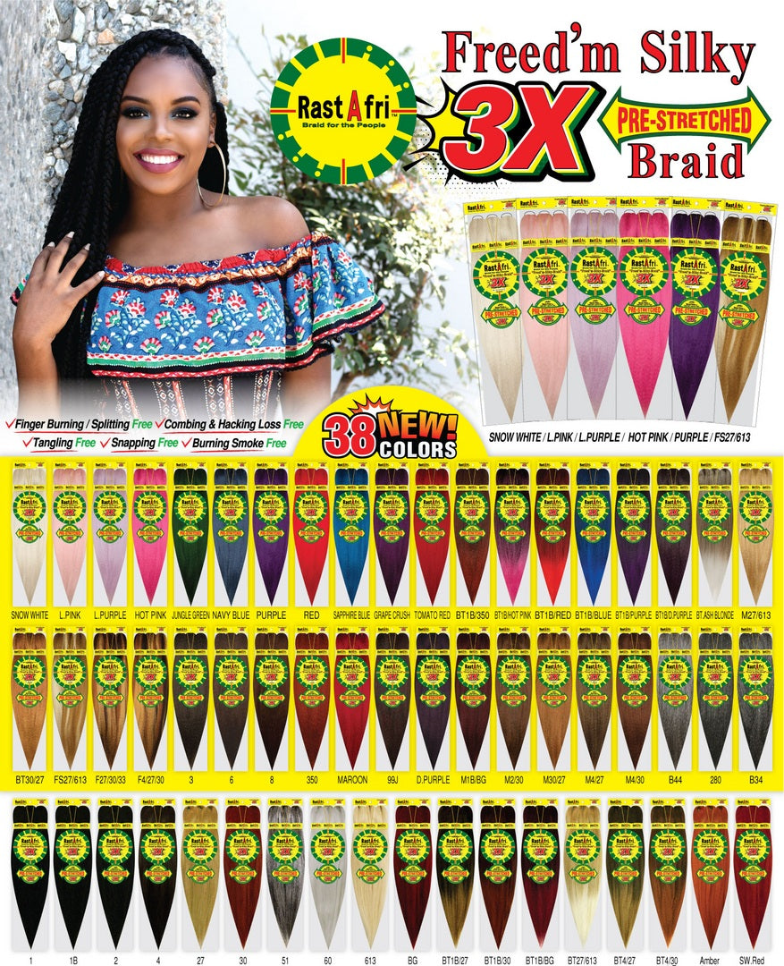 Promotional image of RastAfri Freed'm Silky 3X pre-stretched braid hair extensions with a model and color chart.