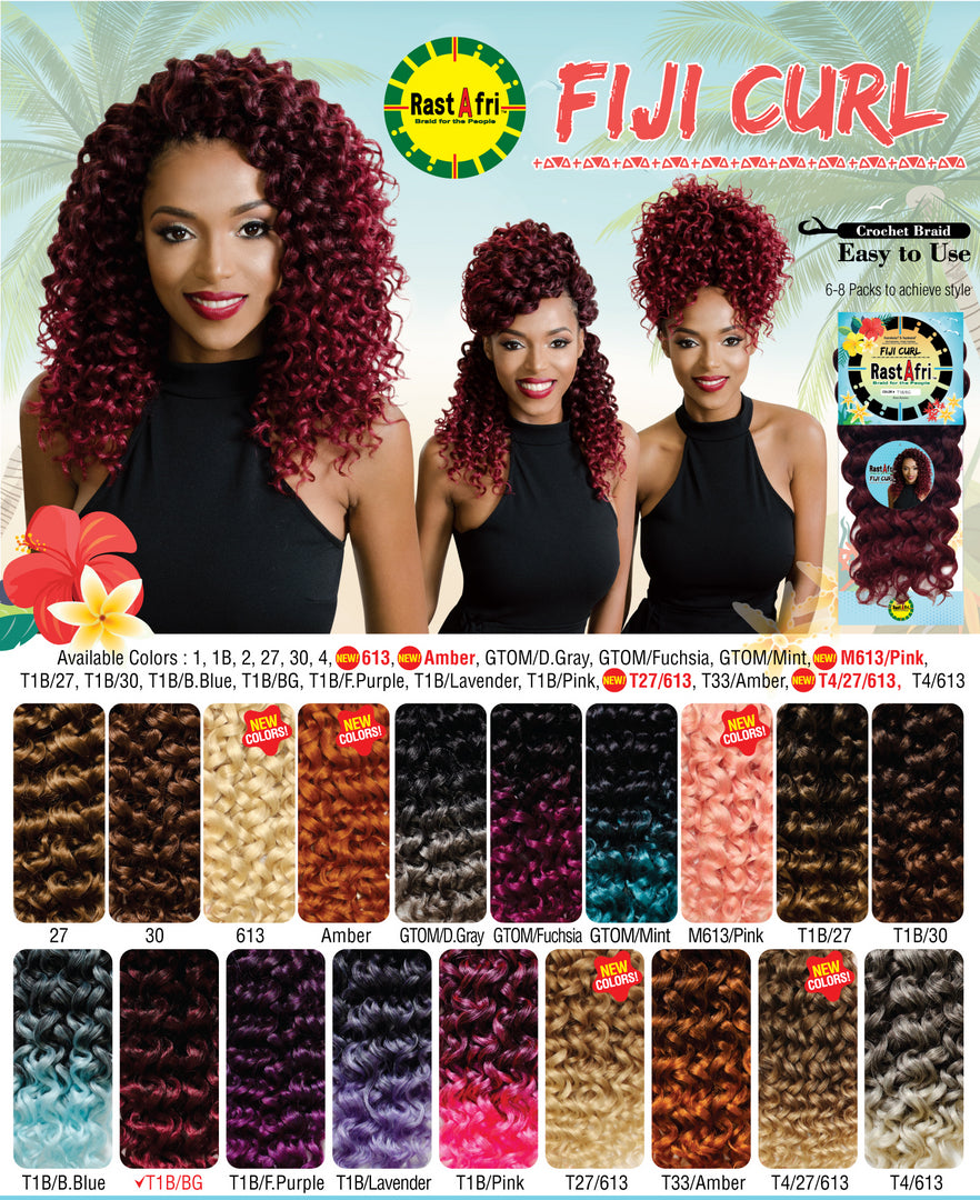 Advertisement for RastAfri Fiji Curl hair extensions with a model and color chart.
