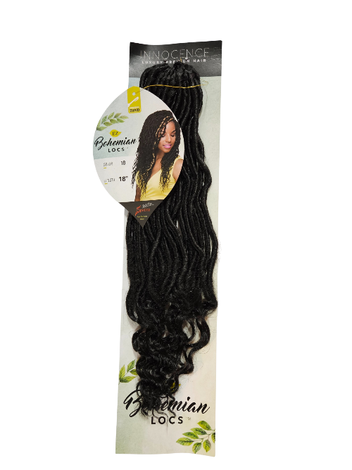 Packaged innocence bohemian locs with a model image on the label against a white background
