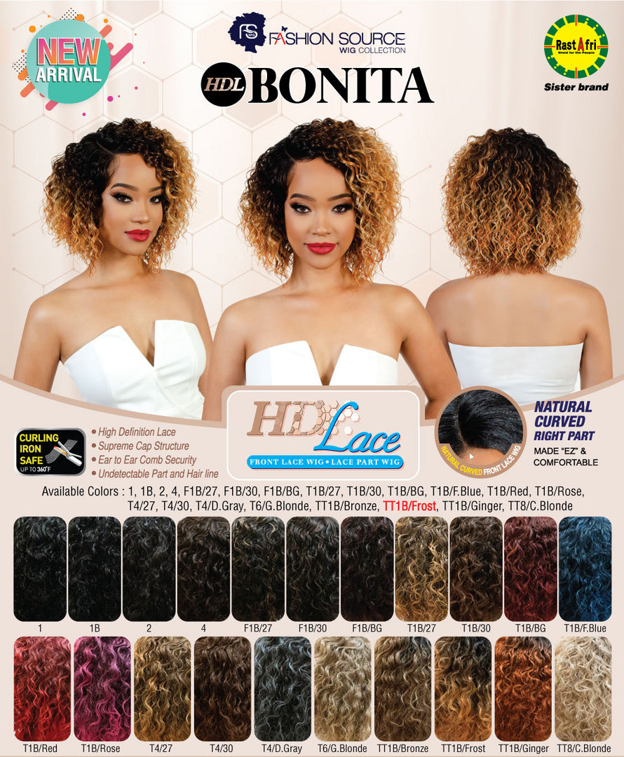 Advertisement for HDL Bonita hair extensions with models and color options.
