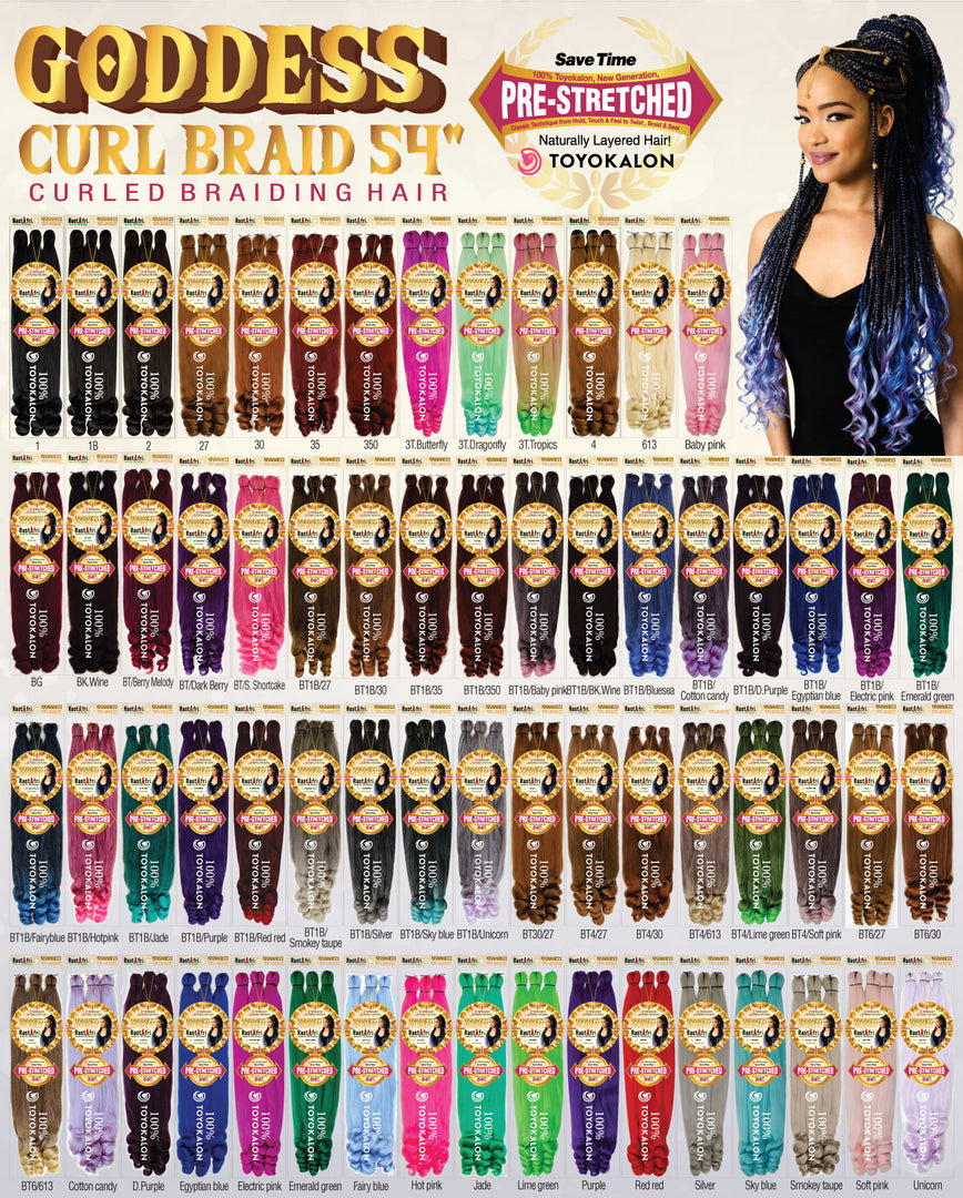 Display of Goddess Curl Braid hair extensions with color options and a model wearing the hair.