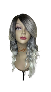 Mannequin head with a gray and black wig on a white background