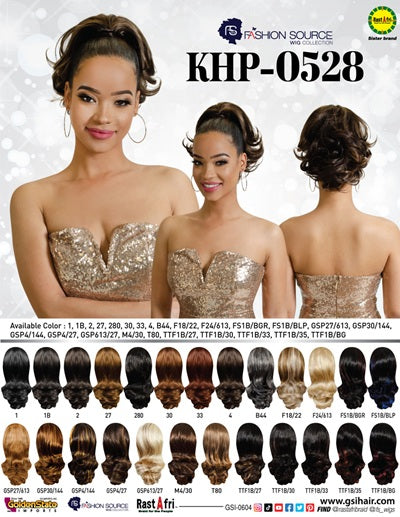 Hair color chart with model wearing a gold dress and hair samples displayed below.