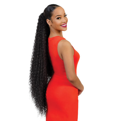 Woman with long, curly ponytail wearing a red dress on a white background