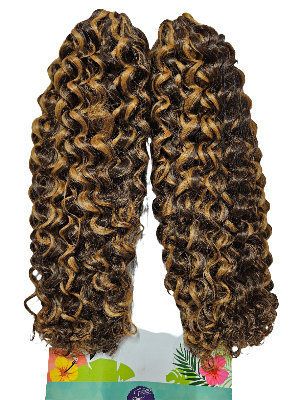 Curly hair extensions with brown and blonde color on a white background