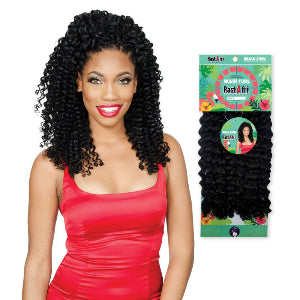 Woman with styled maui curl hair next to RastAfri hair extensions packaging