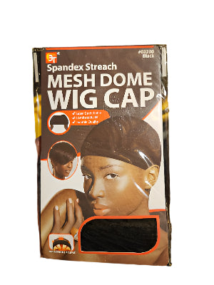 Mesh dome wig cap packaging held by a hand with a blurred background