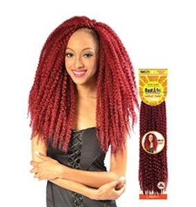 Woman with red narley hair extensions and a product label on a white background