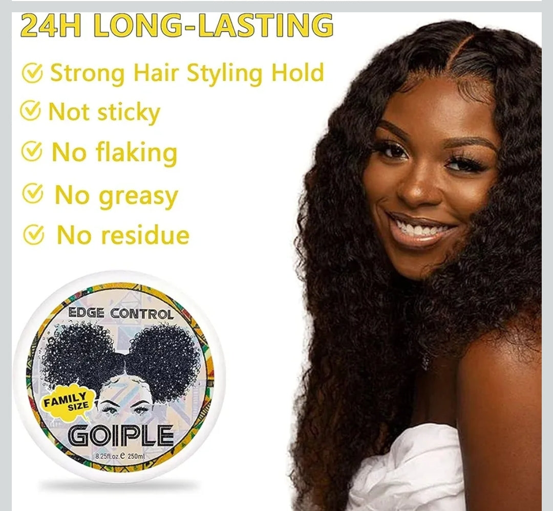 Woman with styled hair next to a container of GOIPLE edge control product with feature text.