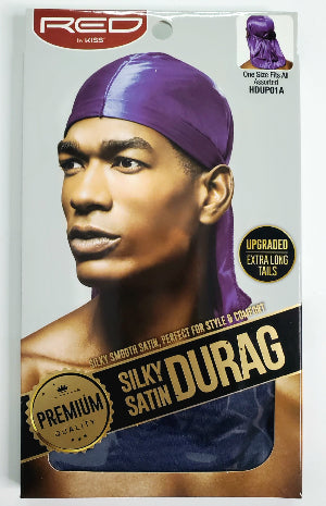 Purple durag packaging with a man wearing it, featuring the brand 'RED by Kiss'.