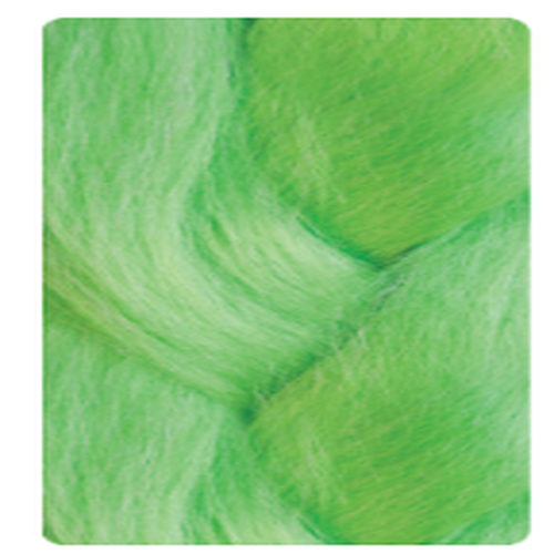 A close-up of fluffy, soft-textured green material, likely a fabric or fiber swatch, filling the frame.