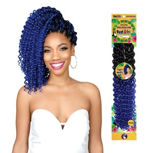 Woman with blue bora bora curl crochet braids in a ponytail next to a package of bora bora curl hair extensions.