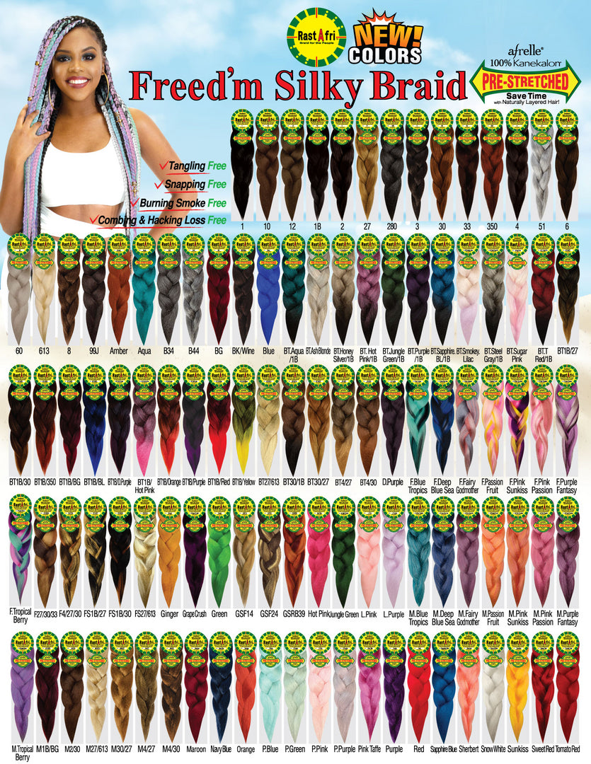 Promotional image of Rastafri Freed'm Silky Braid hair extensions with color chart.