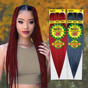 Woman with braided hair next to boxes of Rastafri hair extensions on a gradient background