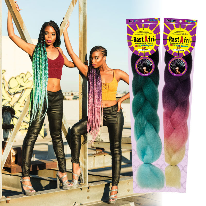 Two women with colorful braided hairstyles and RastAfri hair packaging.