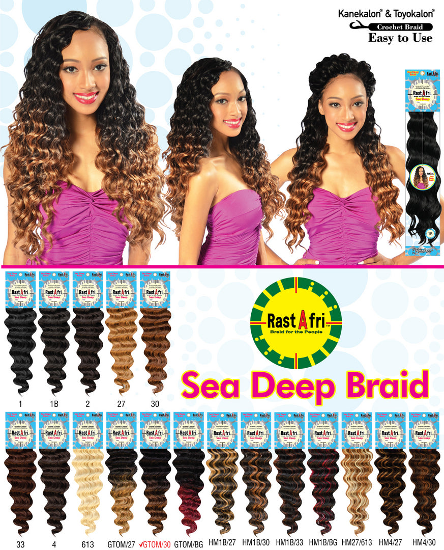 Promotional image of RastAfri Sea Deep Braid hair extensions with a model wearing the product.