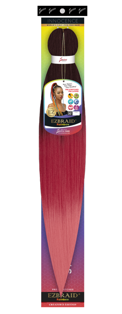 Packaged EZBraid Rainbow braid extension with EzBraid branding on a green background