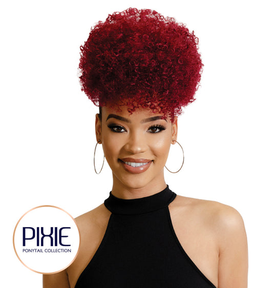 Woman with red curly pixie ponytail wig on a white background, featuring the Pixie brand.