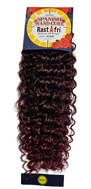 Curly crochet braids hair extensions with packaging labeled 'Spanish Wand Curl' and 'RastAfri'. boho sytle