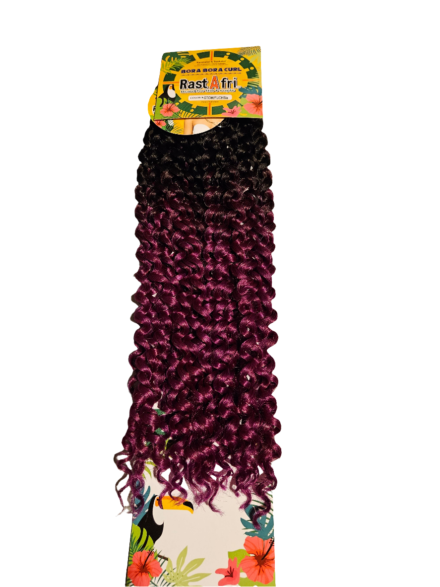 Packaged bora bora curl crochet hair extensions in color T1B/fuchsia on a white background