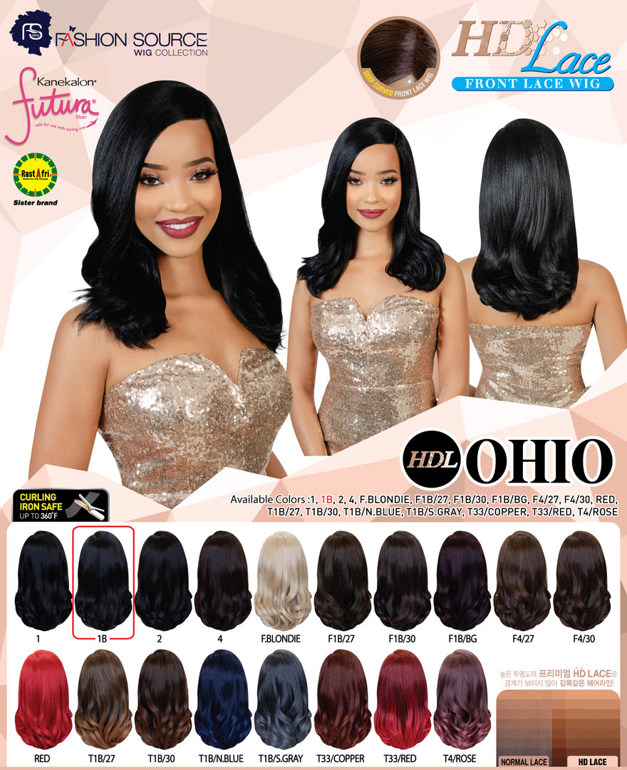 Advertisement for Fashion Source HD Lace front lace wig collection with model wearing a wig and color chart.
