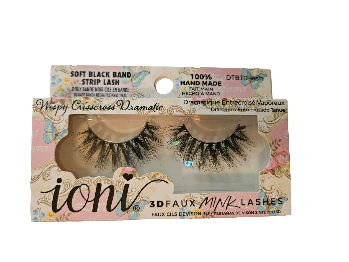 Packaged false eyelashes with 'ioni' branding on a white background