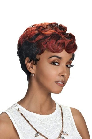 Woman with razor cut wig featuring red and black color on a white background