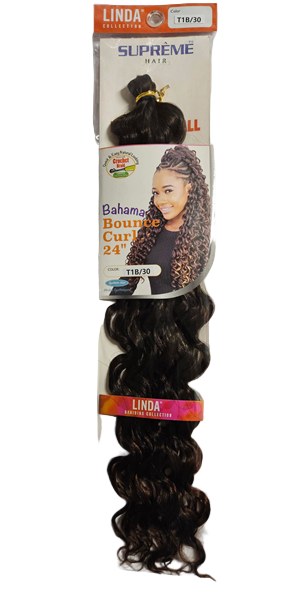 crochet braid hairstyle bahama bounce curl 24 inch. Single Package hair extension with 'Linda' branding on a white background