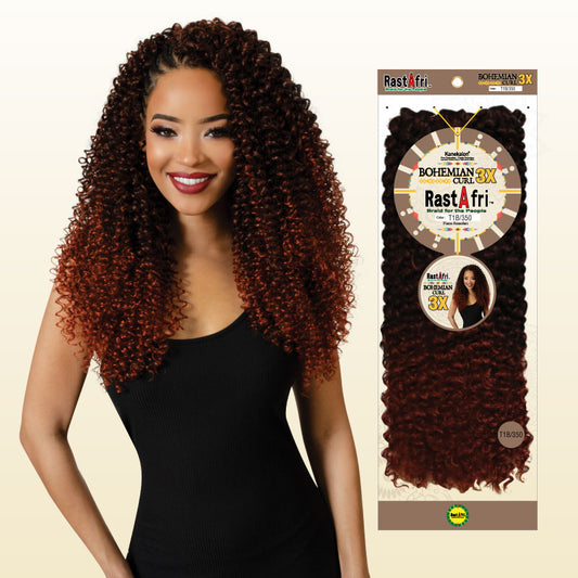 Woman with styled hair next to RastAfri bohemian curl hair extensions packaging on a beige background