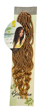 Packaging of Innocence Bohemian Locs' hair extensions with a model on the label.