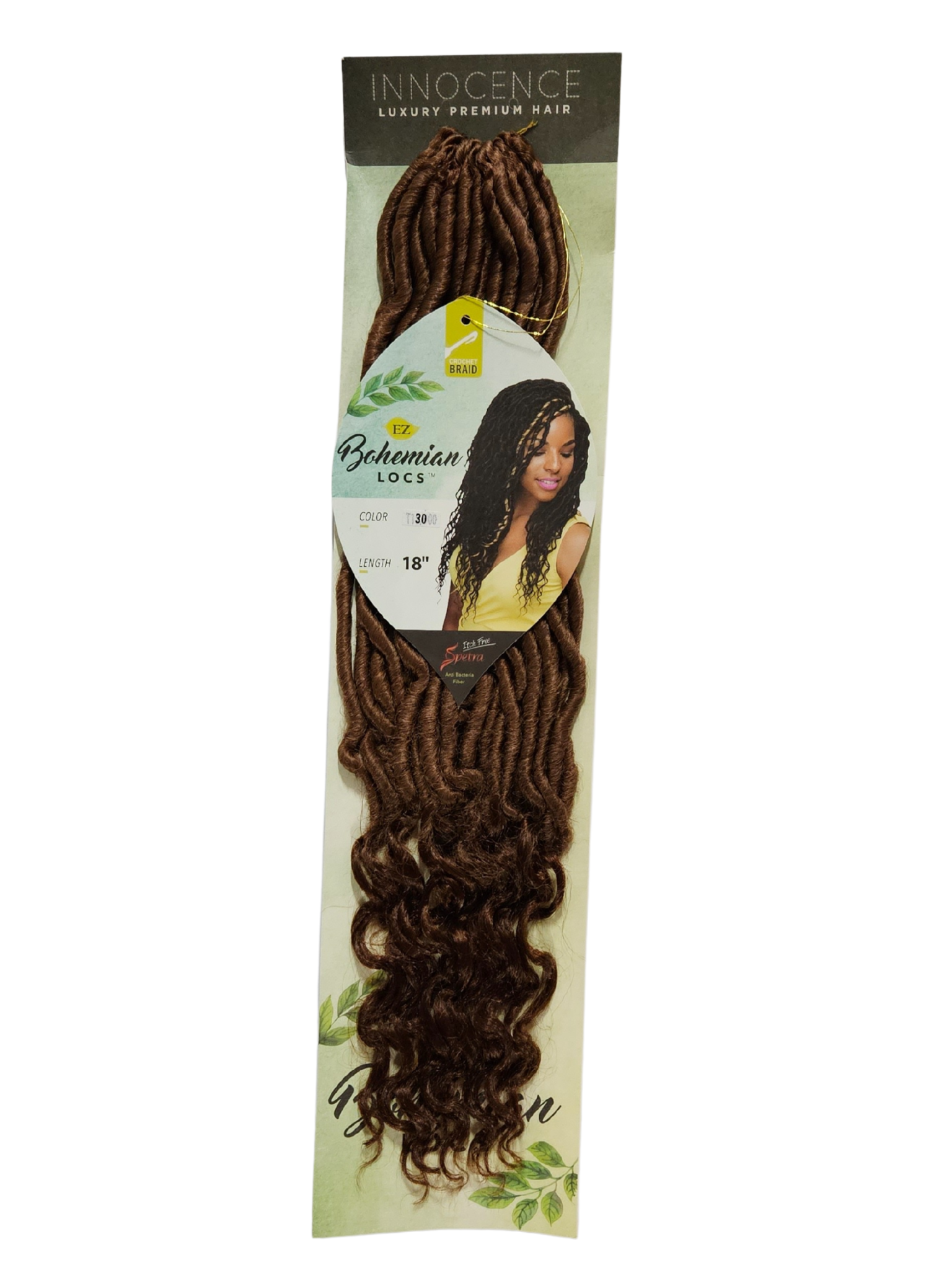 Packaged hair extensions with a brand label on a white background