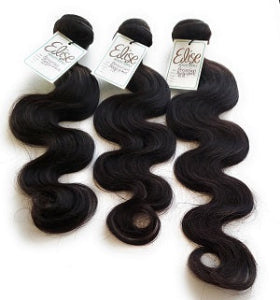 Three bundles of black hair extensions with 'Elise' labels on a white background