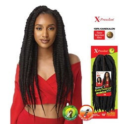 Woman with styled hair and X-Pression hair extensions packaging on a white background