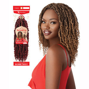 Woman with styled hair next to outre wavy bomb twist packaging on a white background