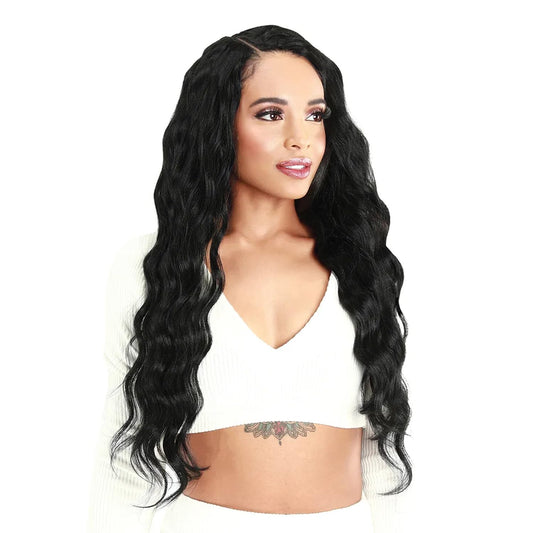 Woman with long, wavy black hair wearing a white top on a white background
