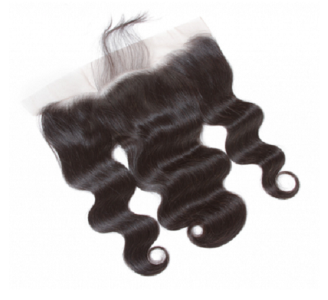 Black wavy hair extensions with a lace closure on a white background