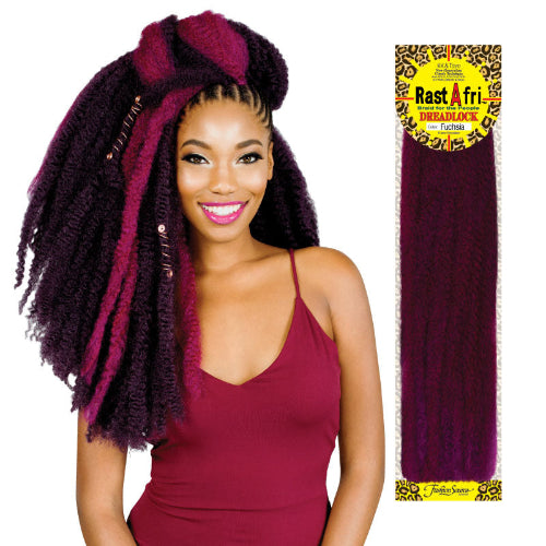 Woman with purple dreadlocks and a package of RastAfri hair extensions on a white background