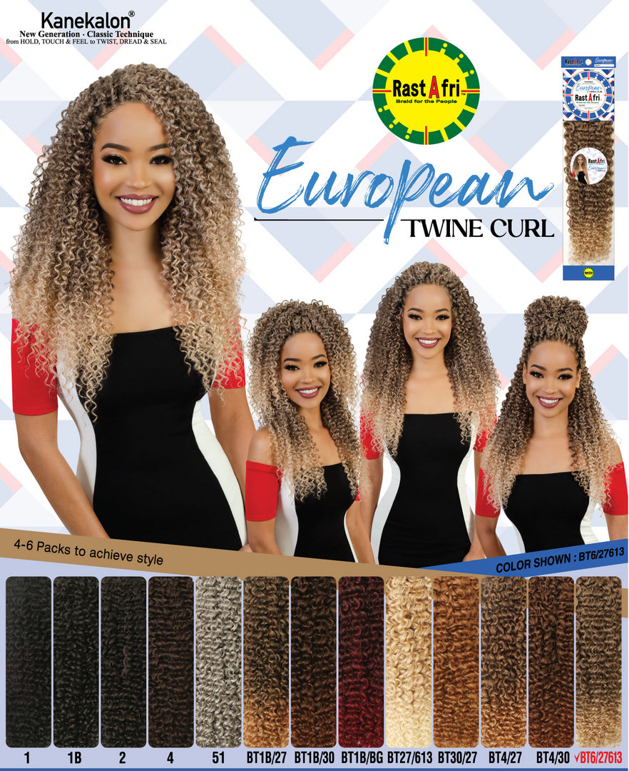 Promotional image of Kanekalon RastAfri European Twine Curl hair extensions with a model and color options.