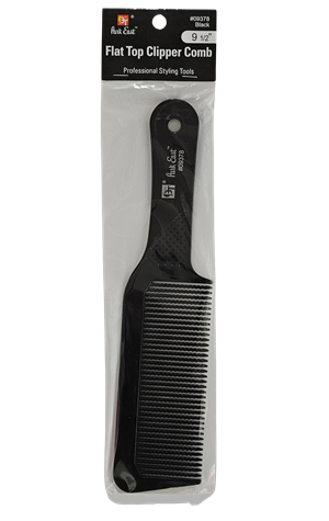 Black flat top clipper comb in packaging with brand label on a white background