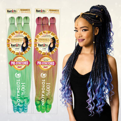 Two packages of Rast Afri pre-stretched hair extensions with a model wearing styled hair.