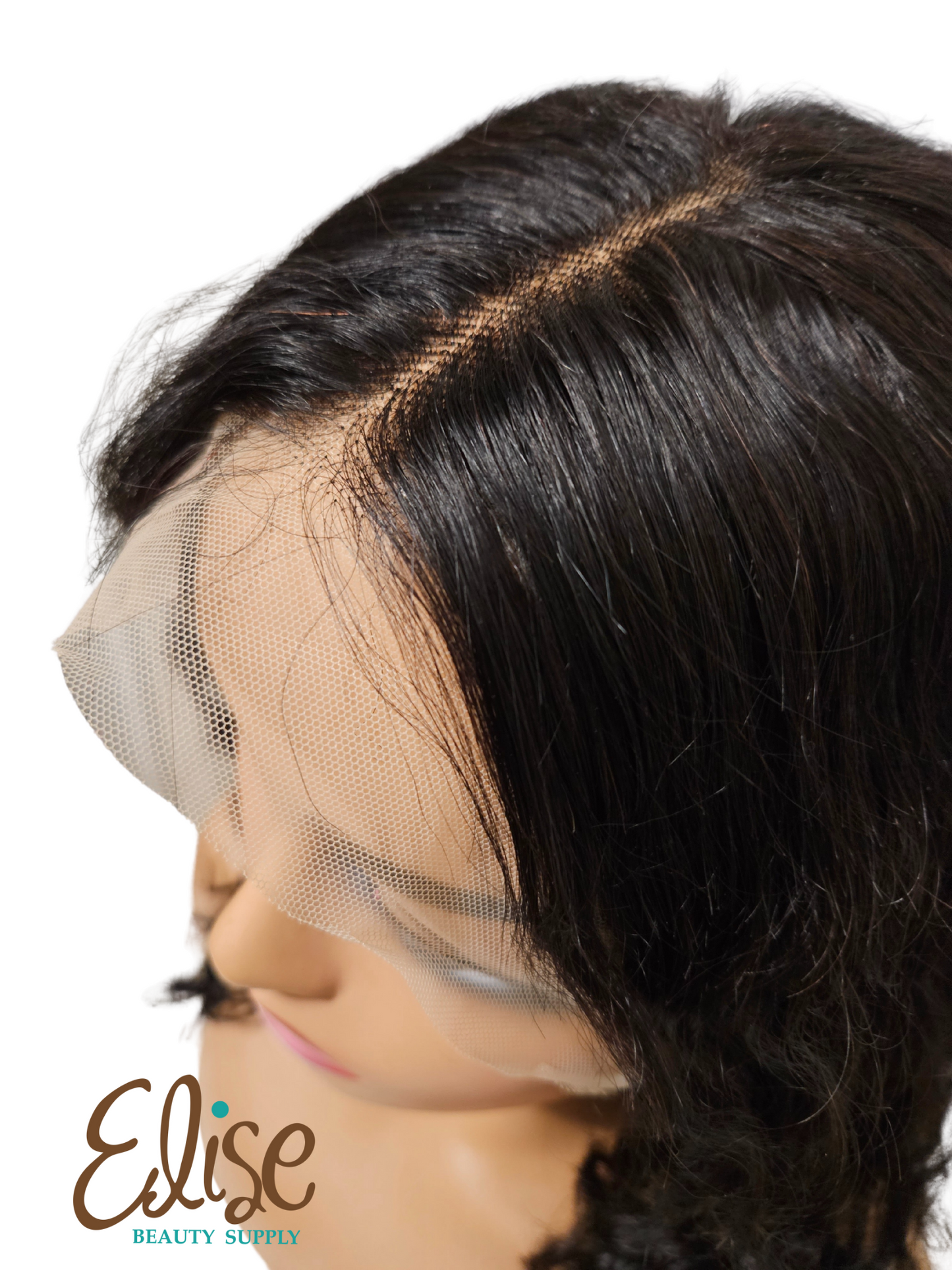 Close-up of a wig with a lace front and Elise Beauty Supply logo.