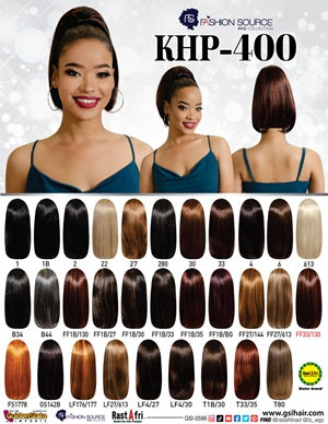Hair color chart with models and color swatches for KHP-400 hair extensions from Fashion Source.