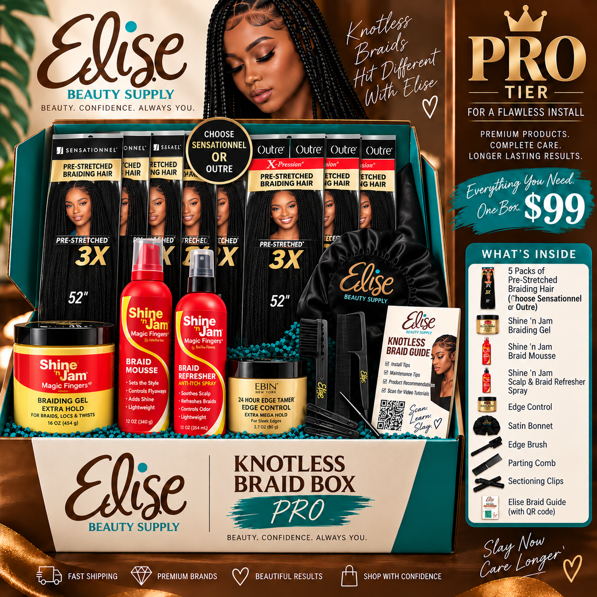 Elise Beauty Supply Knotless Braid Box Pro tier gift set featuring a variety of hair care products including braiding gel, edge control, satin bonnet, and braid guides, displayed in a styled promotional layout with a model in the background.