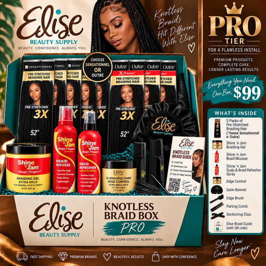 Elise Beauty Supply Knotless Braid Box Pro tier gift set featuring a variety of hair care products including braiding gel, edge control, satin bonnet, and braid guides, displayed in a styled promotional layout with a model in the background.