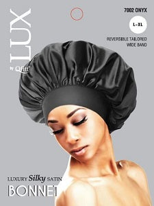 Luxury Silky Satin Bonnet by Qfitt in Onyx wide band, moisture-locking, frizz-free hair protection while sleeping.